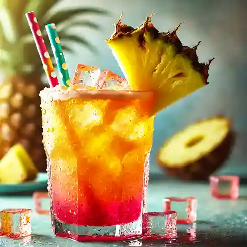 A tropical dirty soda with pineapple syrup and coconut cream