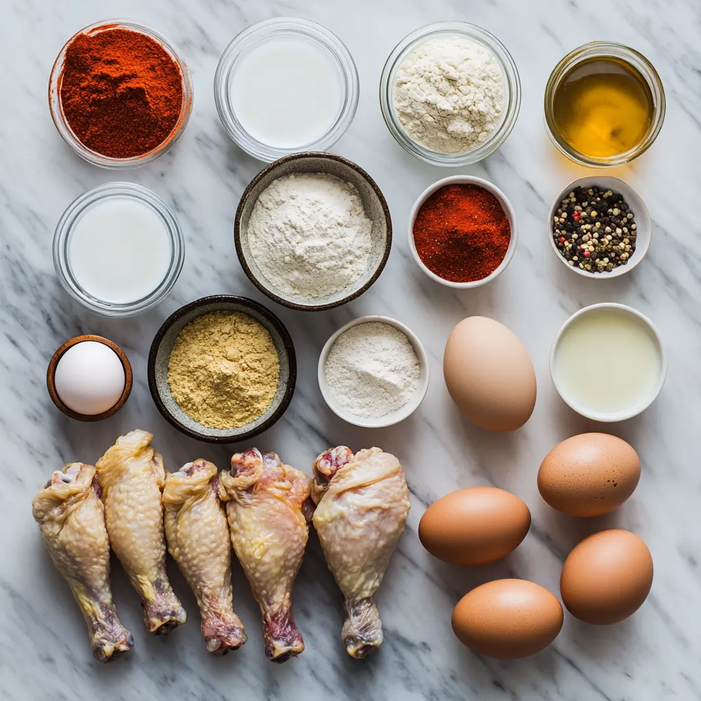 Overhead shot of raw chicken drumsticks, eggs, flour, milk, and spices arranged on a marble surface, ready for cooking.