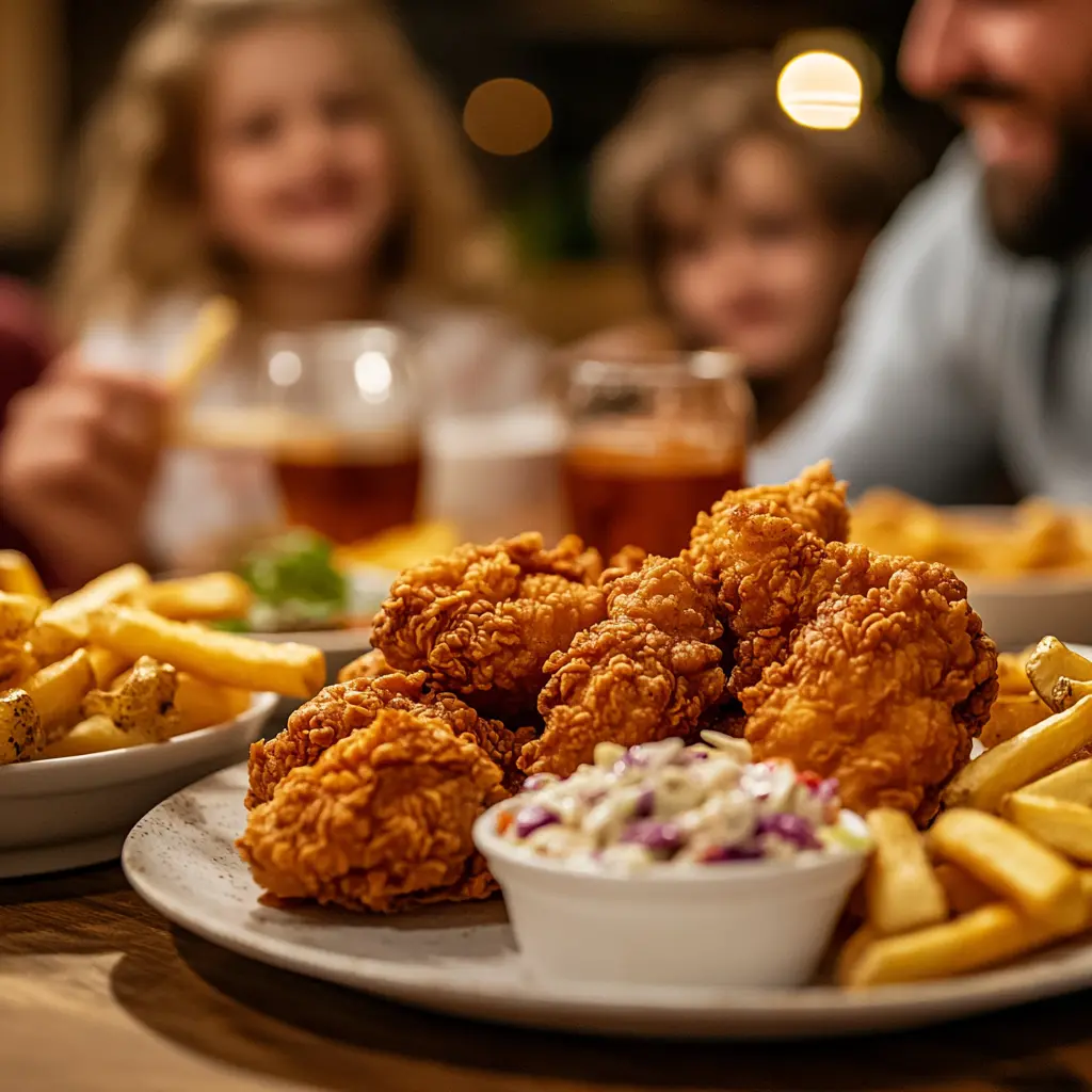 A plate of golden-brown fried chicken, fries, and coleslaw sits on a table, with a smiling family in the background.