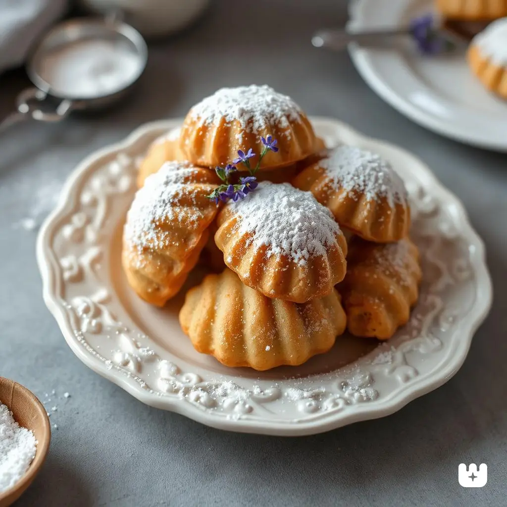 A stack of shell-shaped cookies dusted with powdered sugar on an ornate white plate, decorated with small purple flowers.