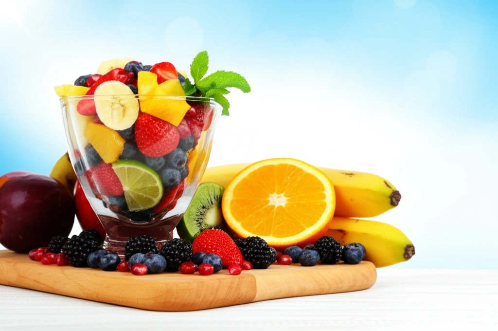 A clear glass bowl filled with a fruit cocktail mixed with Greek yogurt, garnished with a sprig of mint, with blueberries and a bowl of yogurt in the background.