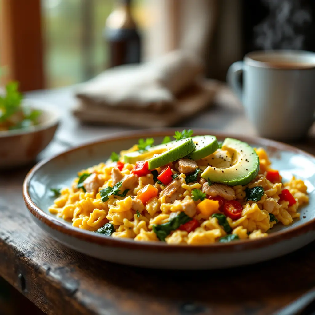 A plated breakfast scramble with eggs, diced chicken, vegetables like red pepper and spinach, topped with sliced avocado and parsley, on a rustic wooden table.