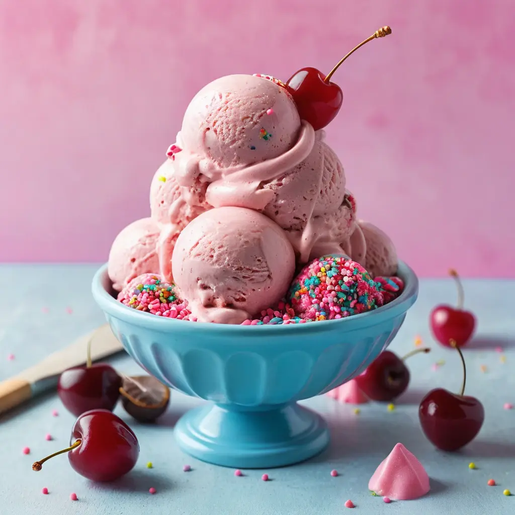 A tall serving of pink bubblegum ice cream scoops piled high in a light blue dessert bowl. The ice cream is generously topped with colorful round sprinkles and a bright red cherry. More cherries are scattered around the bowl on a pink surface.