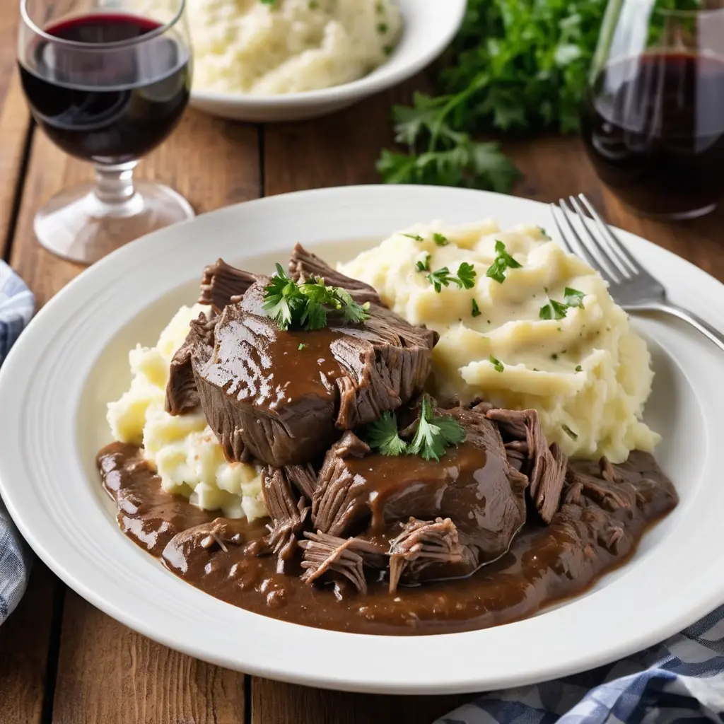 A plated serving of tender, shredded braised beef cheeks smothered in rich brown gravy, served atop creamy mashed potatoes and garnished with fresh parsley. A glass of red wine is visible in the background.