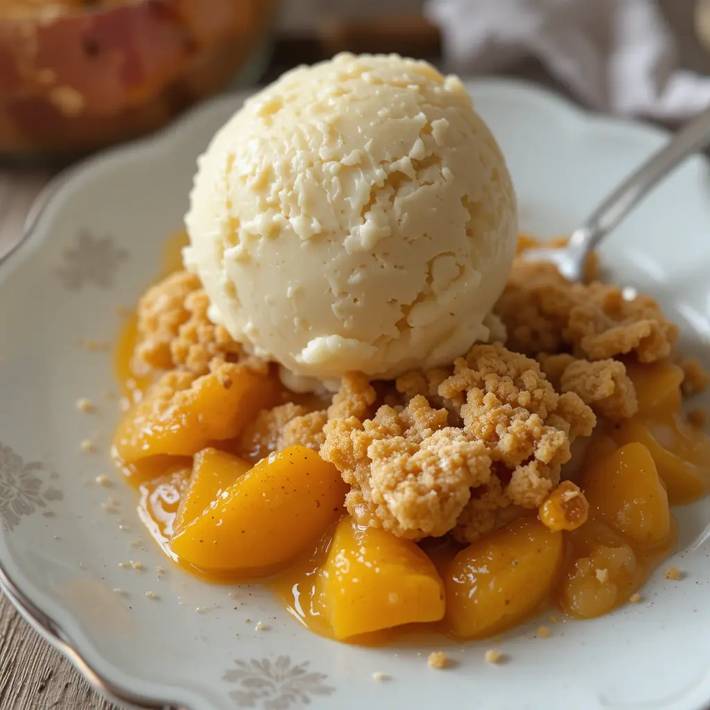 A scoop of Blue Bell Creameries ice cream served atop warm peach cobbler with crumble topping on a decorative white plate with a silver spoon resting beside it.