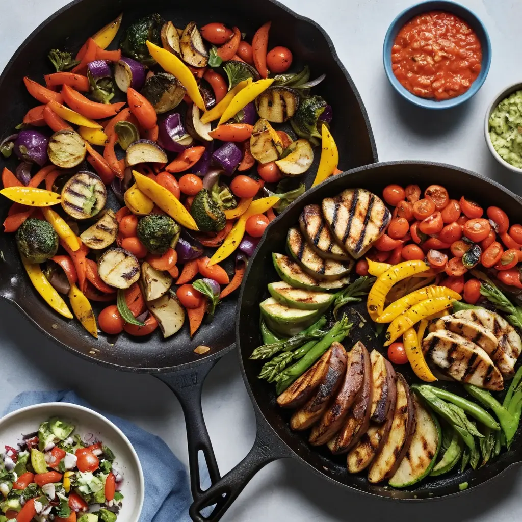Two black cast iron skillets filled side-by-side with colorful grilled vegetables and sliced grilled chicken breast, showing prominent grill marks, alongside bowls of red and green salsa.