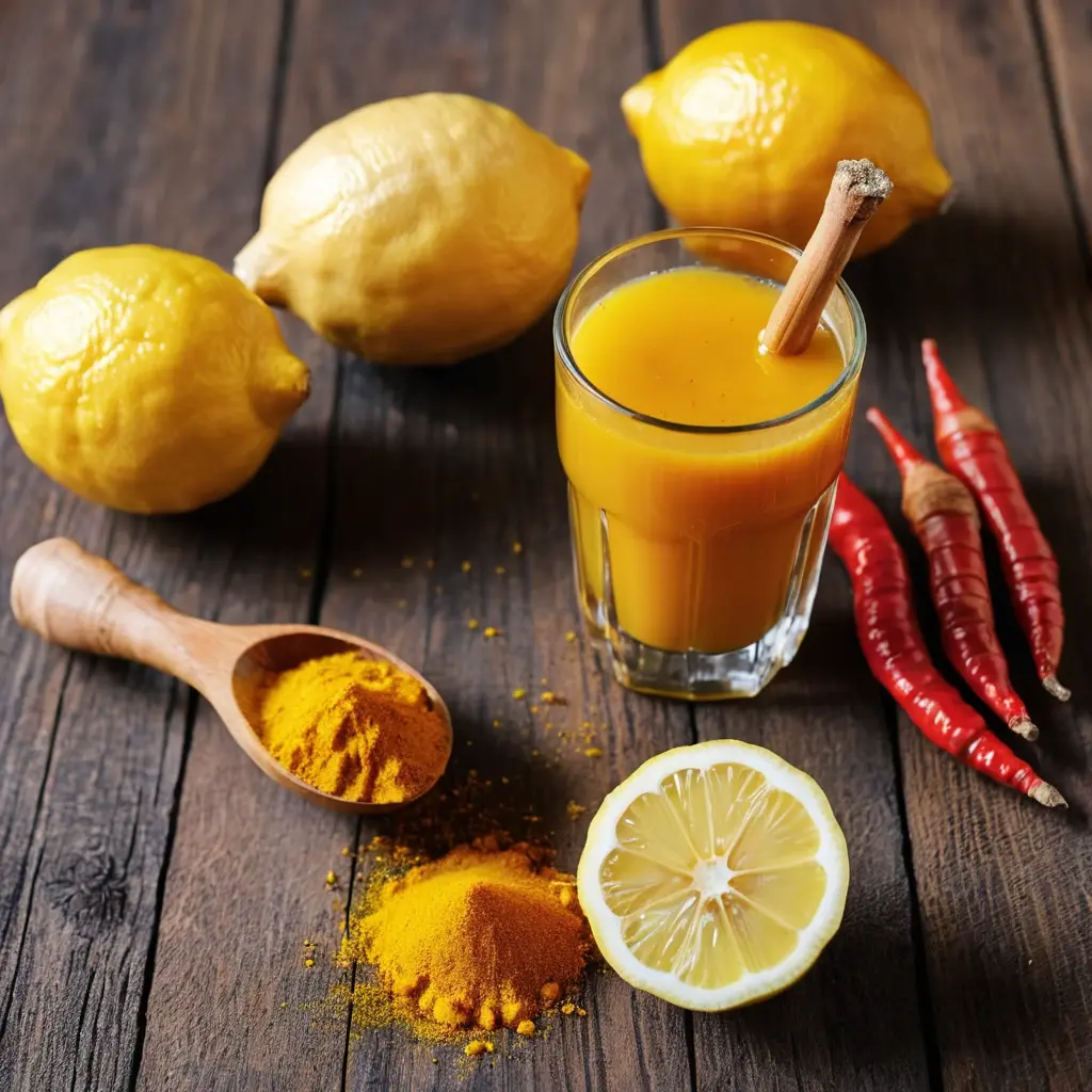 Glass of yellow immunity shot with a cinnamon stick, surrounded by fresh lemons, red chili peppers, and turmeric powder on a dark wooden table.