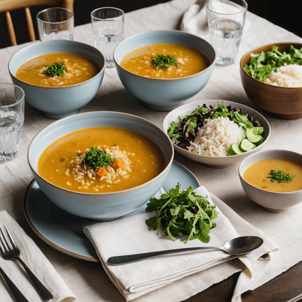 Bowls of rice, salad and soup are served on a dining table