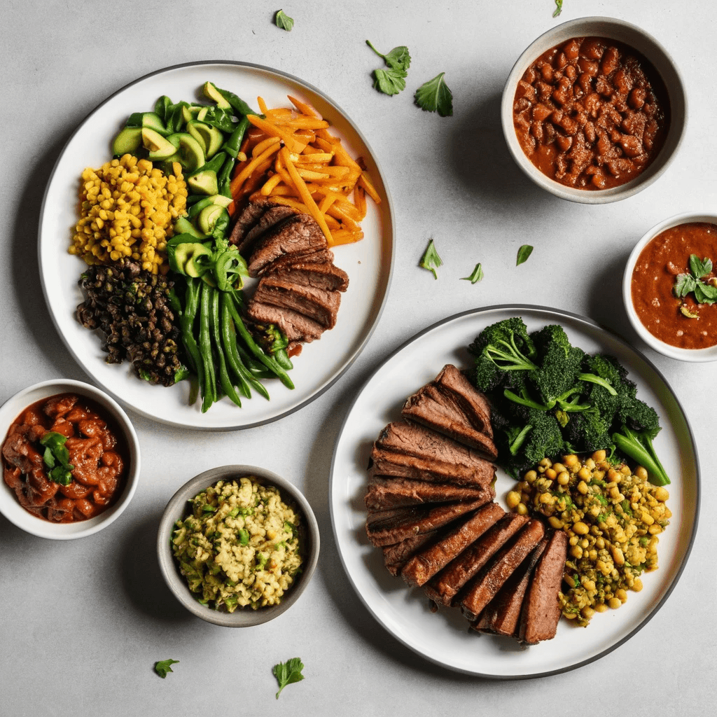 Plates with sliced beef, vegetables, beans, rice.