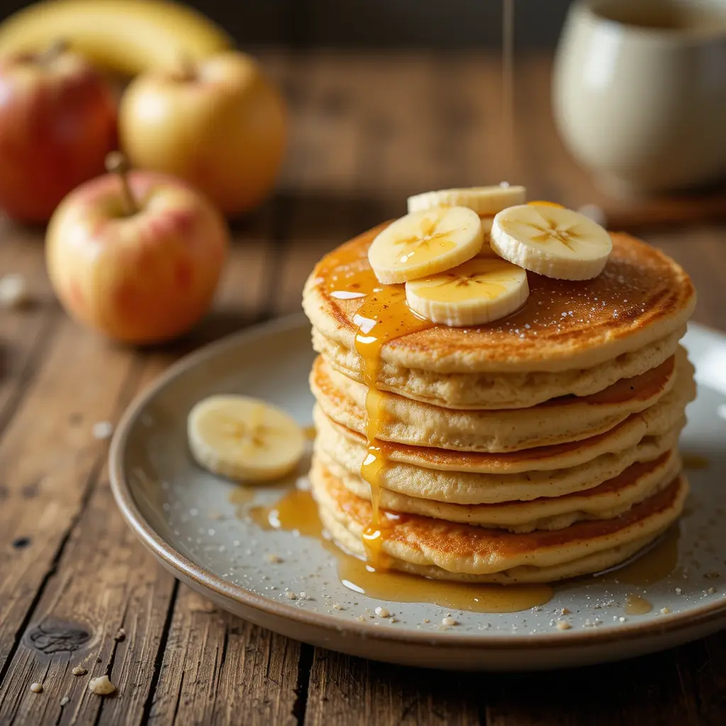 Stack of fluffy pancakes topped with sliced bananas and a drizzle of maple syrup on a wooden table